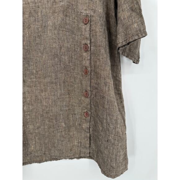 FLAX 100% Linen Market Tunic Top Scoop Neck 3/4 Sleeve Side Button Slit Blouse - Picture 6 of 13